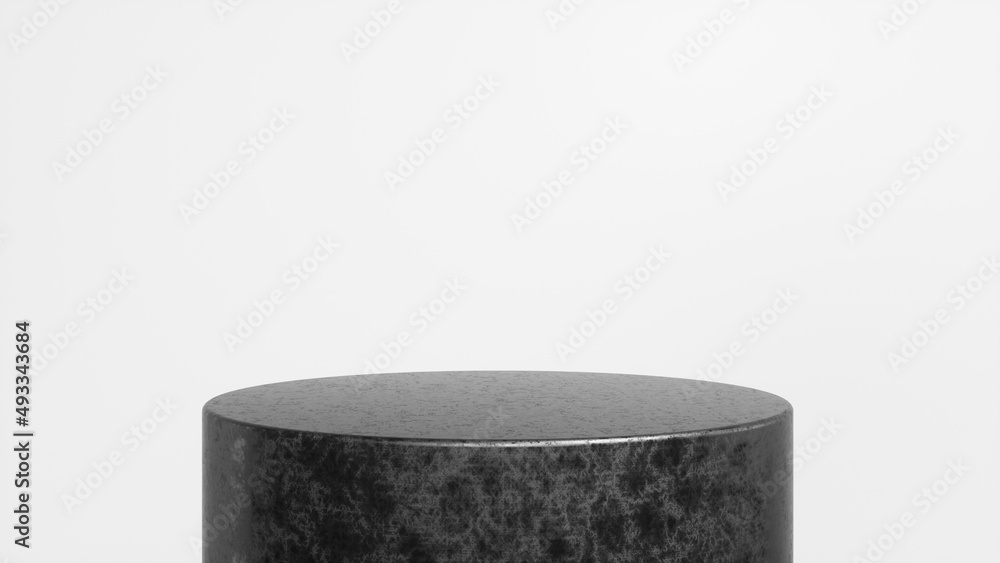 Poster rough black glossy podium, pedestal on white background. blank showcase mockup with empty round stag