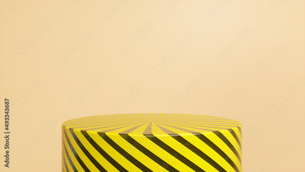 Poster yellow striped glossy podium, pedestal on yellow background. blank showcase mockup with empty round 