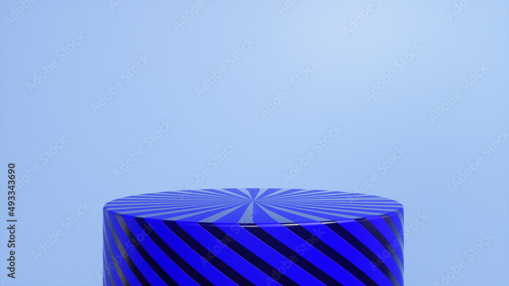 Poster blue striped glossy podium, pedestal on blue background. blank showcase mockup with empty round stag