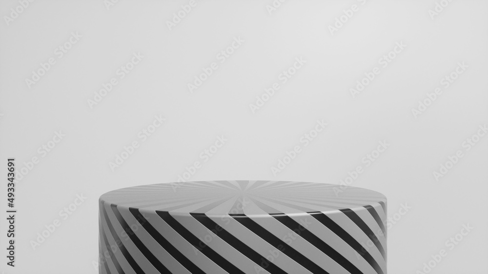 Poster grey striped glossy podium, pedestal on grey background. blank showcase mockup with empty round stag