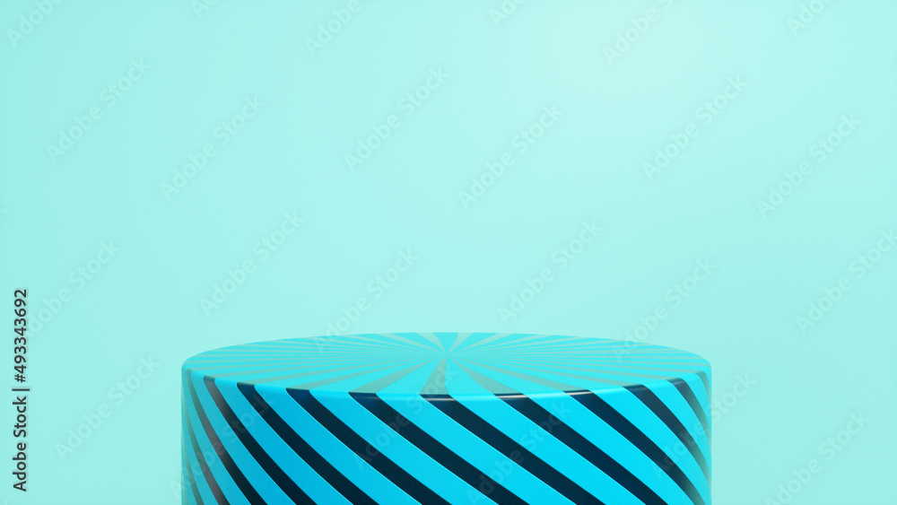 Poster blue striped glossy podium, pedestal on blue background. blank showcase mockup with empty round stag