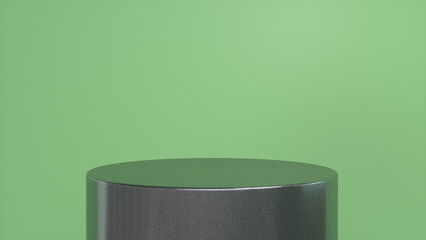 Chrome glossy podium, pedestal on green background. Blank showcase mockup with empty round stage. Abstract geometry background. Stage for advertising product display with copy space. 3d render