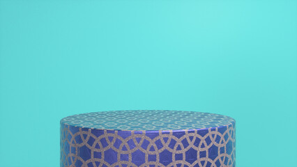 Purple glossy pattern podium, pedestal on blue background. Blank showcase mockup with empty round stage. Abstract geometry background. Stage for advertising product display with copy space. 3d render