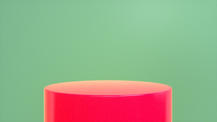 Red glossy podium, pedestal on green background. Blank showcase mockup with empty round stage. Abstract geometry background. Stage for advertising product display with copy space. 3d render