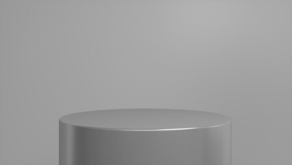 Chrome glossy podium, pedestal on grey background. Blank showcase mockup with empty round stage. Abstract geometry background. Stage for advertising product display with copy space. 3d render