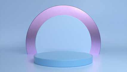 Blue glossy podium, pedestal on blue purple background. Blank showcase mockup with empty round stage. Abstract geometry background. Stage for advertising product display with copy space. 3d render