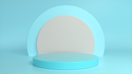 Blue glossy podium, pedestal on blue background. Blank showcase mockup with empty round stage. Abstract geometry background. Stage for advertising product display with copy space.3d render