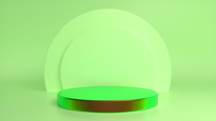 Colorful glossy podium, pedestal on green background. Blank showcase mockup with empty round stage. Abstract geometry background. Stage for advertising product display with copy space. 3d render