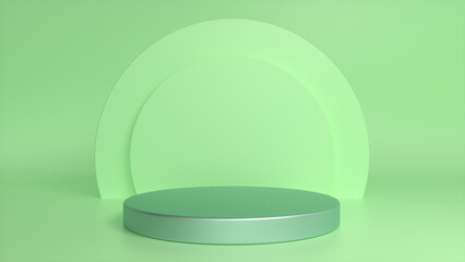 Green glossy podium, pedestal on green background. Blank showcase mockup with empty round stage. Abstract geometry background. Stage for advertising product display with copy space. 3d render