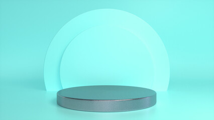 Rough metal podium, pedestal on blue background. Blank showcase mockup with empty round stage. Abstract geometry background. Stage for advertising product display with copy space. 3d render