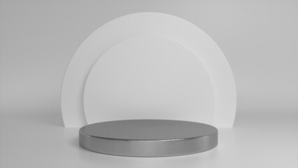 Rough metal podium, pedestal on grey background. Blank showcase mockup with empty round stage. Abstract geometry background. Stage for advertising product display with copy space. 3d render