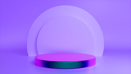 Colorful glossy podium, pedestal on purple background. Blank showcase mockup with empty round stage. Abstract geometry background. Stage for advertising product display with copy space. 3d render