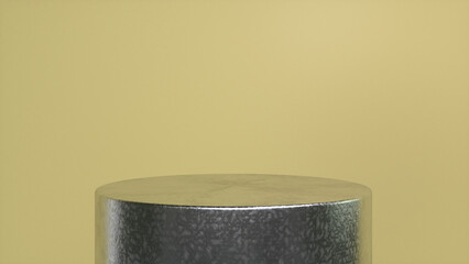 Chrome glossy podium, pedestal on yellow background. Blank showcase mockup with empty round stage. Abstract geometry background. Stage for advertising product display with copy space. 3d render
