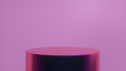 Pink colorful glossy podium, pedestal on pink background. Blank showcase mockup with empty round stage. Abstract geometry background. Stage for advertising product display with copy space. 3d render