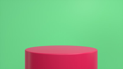 Red glossy podium, pedestal on green background. Blank showcase mockup with empty round stage. Abstract geometry background. Stage for advertising product display with copy space. 3d render