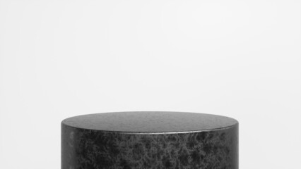 Rough black glossy podium, pedestal on white background. Blank showcase mockup with empty round stage. Abstract geometry background. Stage for advertising product display with copy space. 3d render