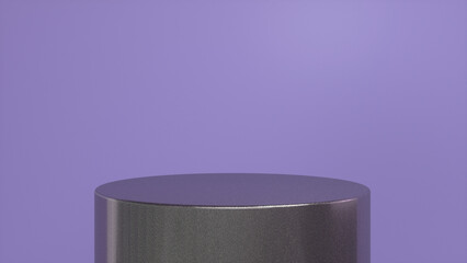 Chrome glossy podium, pedestal on purple background. Blank showcase mockup with empty round stage. Abstract geometry background. Stage for advertising product display with copy space. 3d render