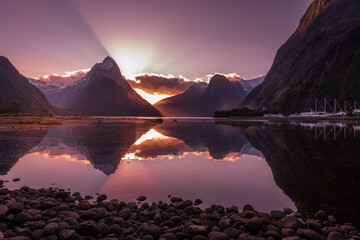 Milford Sound and Mitre Peak  reflections during golden hour