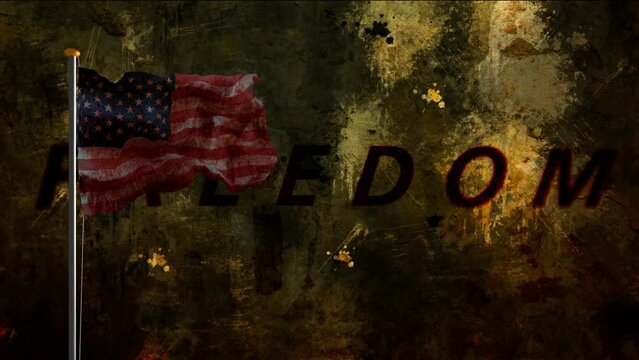 USA flag on pole against freedom text on grunge background