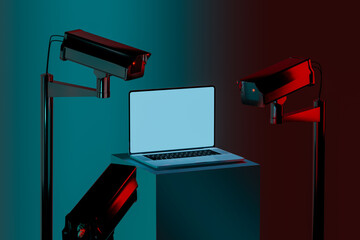 Various surveillance cameras monitoring a laptop