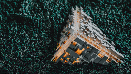 Orange Tech cube surrounded by electromagnetic particles