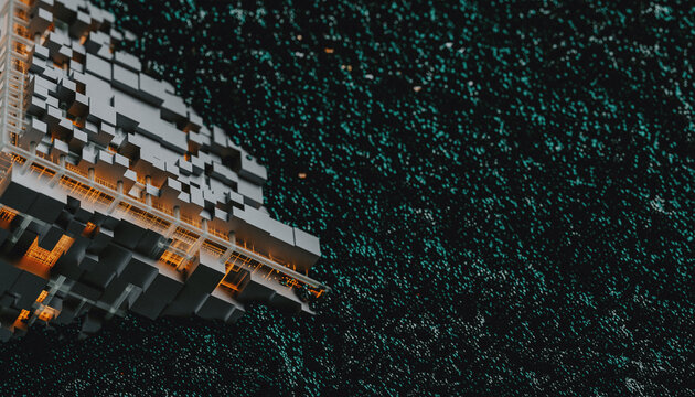Orange Tech cube surrounded by electromagnetic particles