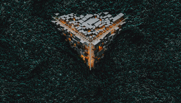 Orange Tech cube surrounded by electromagnetic particles