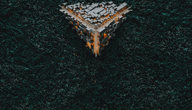 Orange Tech cube surrounded by electromagnetic particles