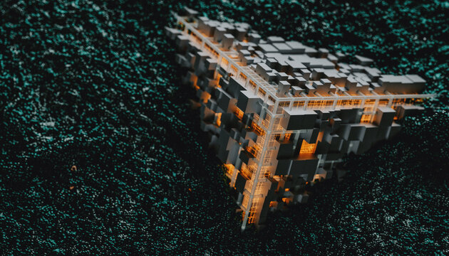 Orange Tech cube surrounded by electromagnetic particles