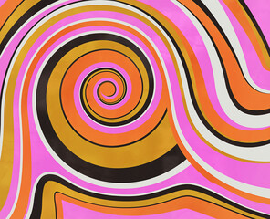 A swirly illustration of an abstract spiral in pink, orange, and warm yellow ochre. Digital illustration with watercolor or thin acrylic effect, good for background pattern or texture.