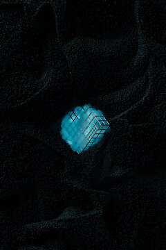 Blue Tech cube surrounded by electromagnetic particles