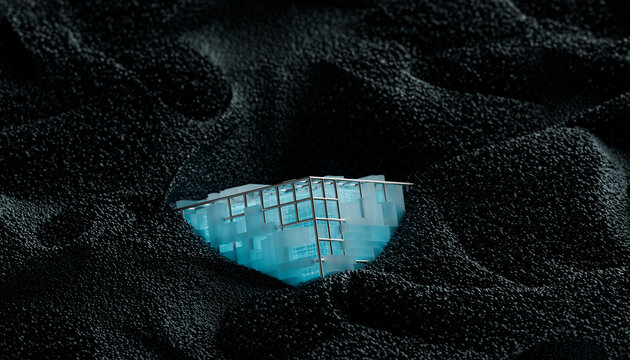 Blue Tech cube surrounded by electromagnetic particles