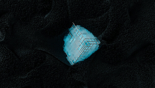 Blue Tech cube surrounded by electromagnetic particles