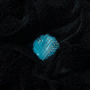 Blue Tech cube surrounded by electromagnetic particles