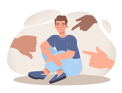 Public censure and victim blaming concept. Young crying depressed man sits on floor and sad. Fingers point at character and hate him. Cyberbullying on Internet. Cartoon flat vector illustration