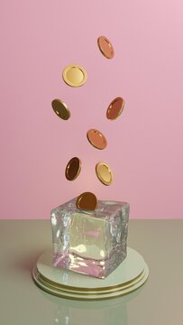 Falling gold coins freezing and stuck in ice cube.