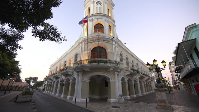 Palacio Consistorial, old architectural building in Columbus Park. El Conde street with no people, Colonial City, Santo Domingo, Dominican Republic 
