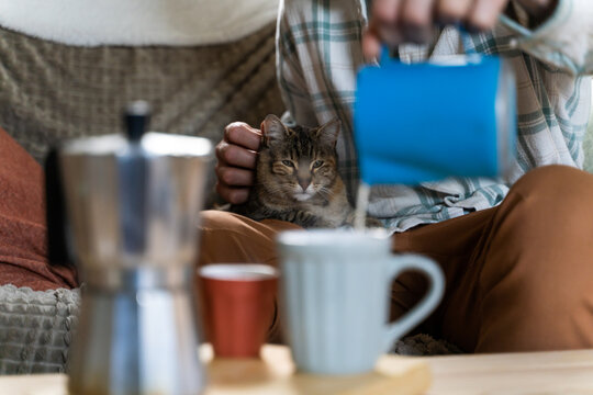 Hygge moment with coffee and cat at home