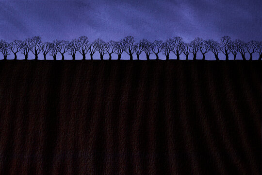 A tree lined field with deep ploughed furrows