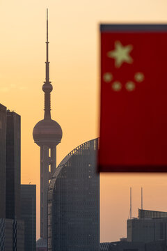 Flag of China with Oriental Pearl TV Tower