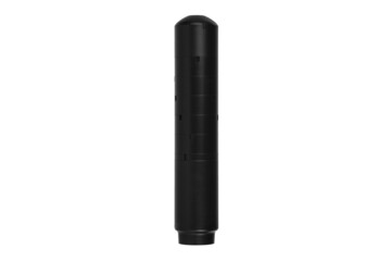 Black silencer for weapons. Suppressor that is at the end of an assault rifle. Isolate on a white back.