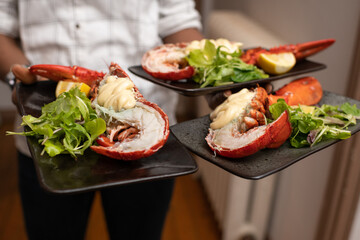 Waiter holding lobsters with mayonnaise on a plate
