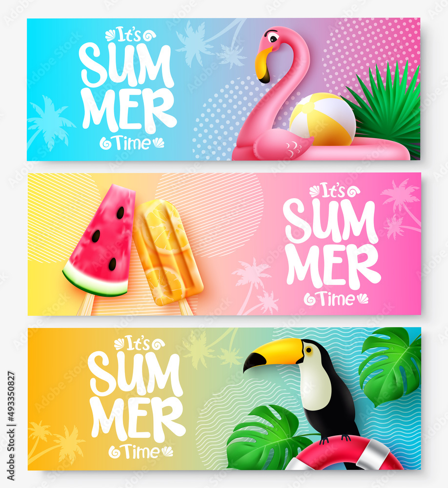 Aufkleber summer vector banner set design. it's summer time text in colorful background with flamingo, toucan 