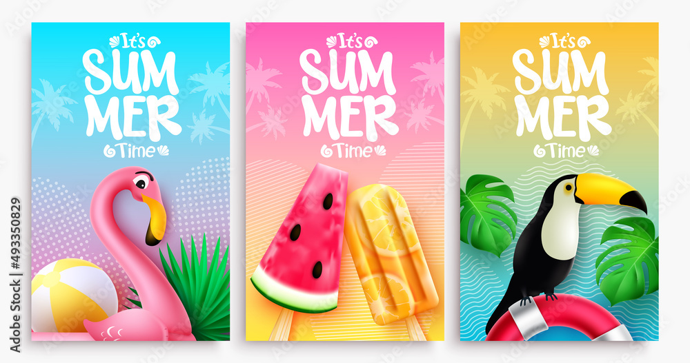 Poster summer vector poster set design. it's summer time text in colorful background with flamingo, toucan 