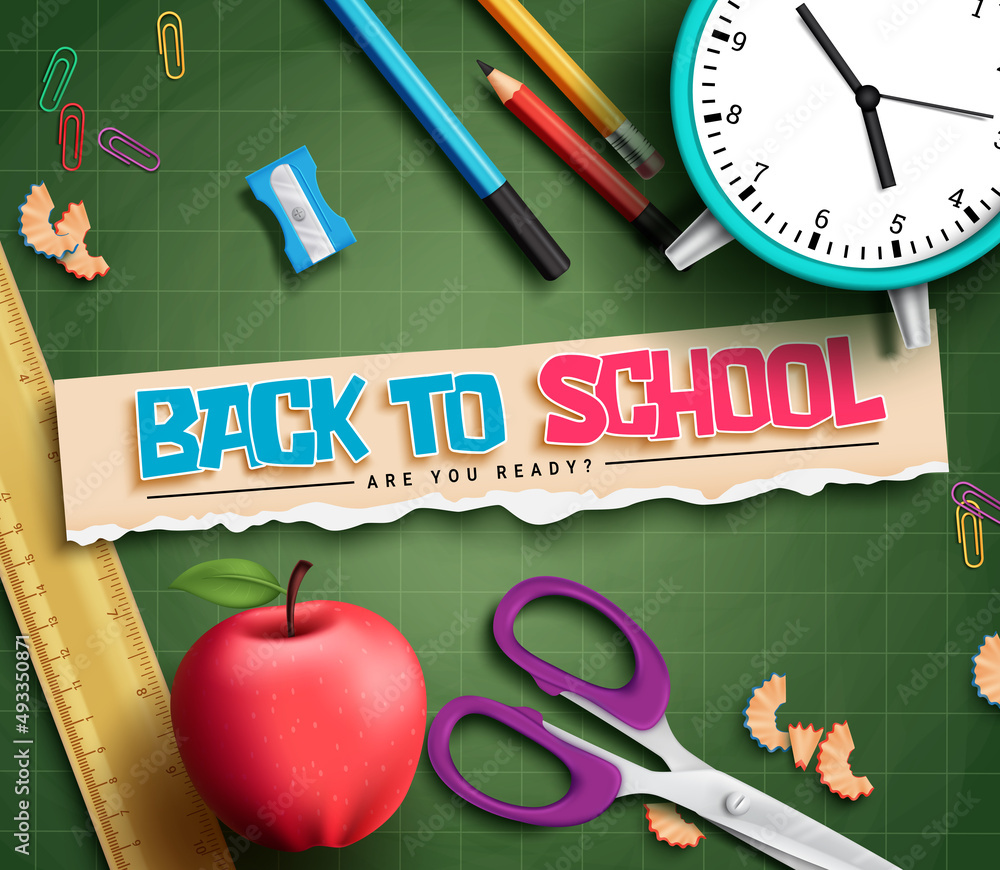 Poster back to school vector concept design. back to school text in torn paper with educational items of ch