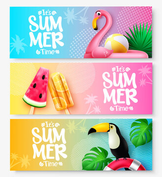 Summer vector banner set design. It's summer time text in colorful background with flamingo, toucan and popsicles elements for tropical season collection. Vector illustration.
