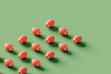 rows of American football ball. 3d render.