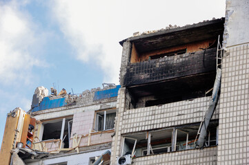 Kyiv, Ukraine, 17 March 2022: War of Russia against Ukraine. A residential building damaged by...