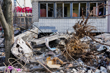 Kyiv, Ukraine, 17 March 2022: War of Russia against Ukraine. A residential building damaged by...