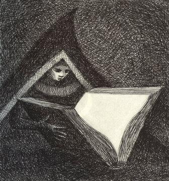 Hand ink drawing of a magical woman reading a book